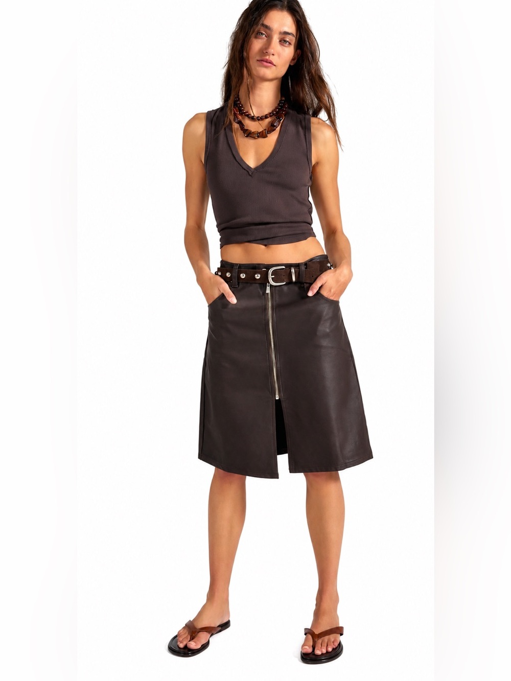 Free People Sycamore Vegan Zip-Front Midi Skirt Mid Rise 5 Pocket Design 27